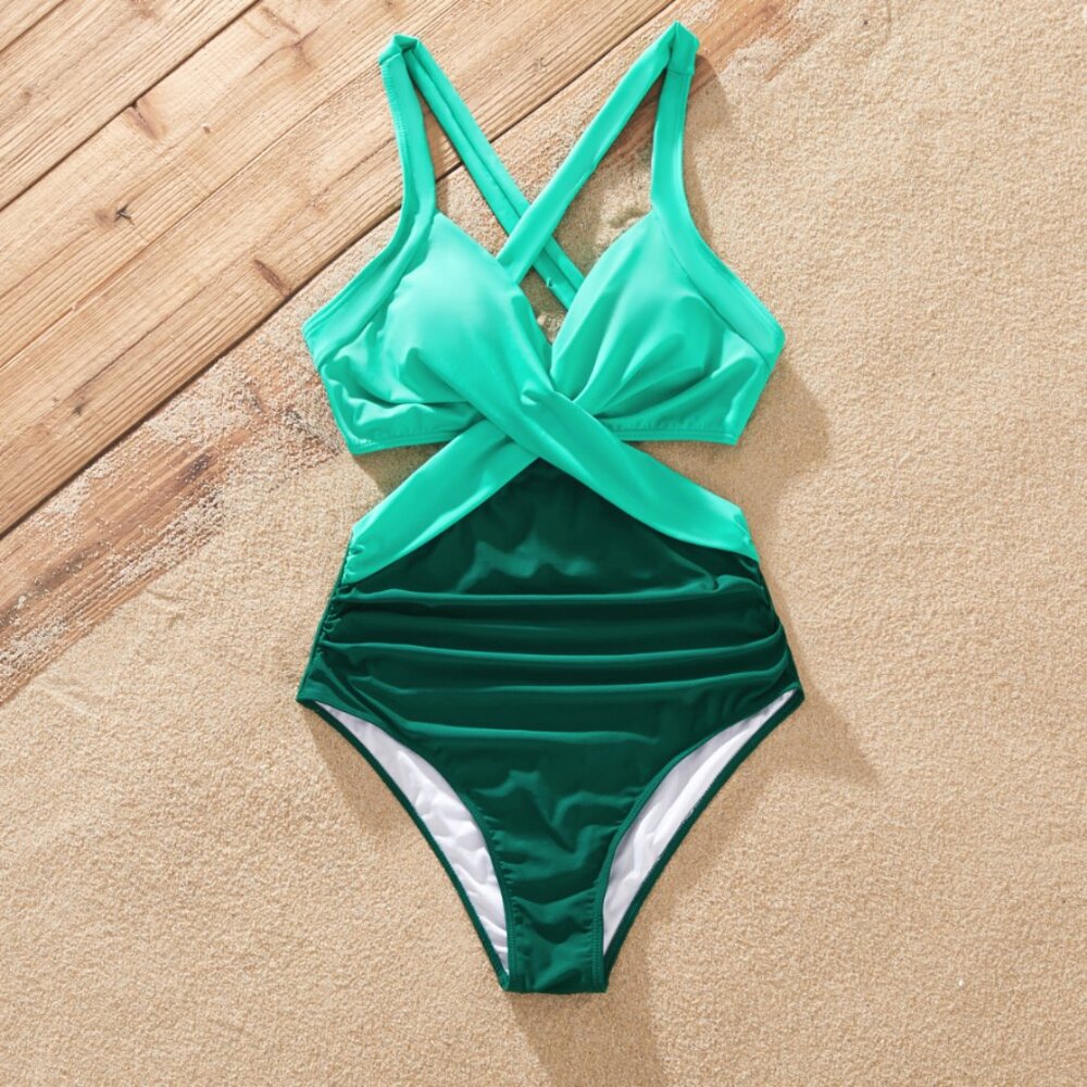 Women Beach Green Colorblock One-Piece Swimwear S, M, L, XL